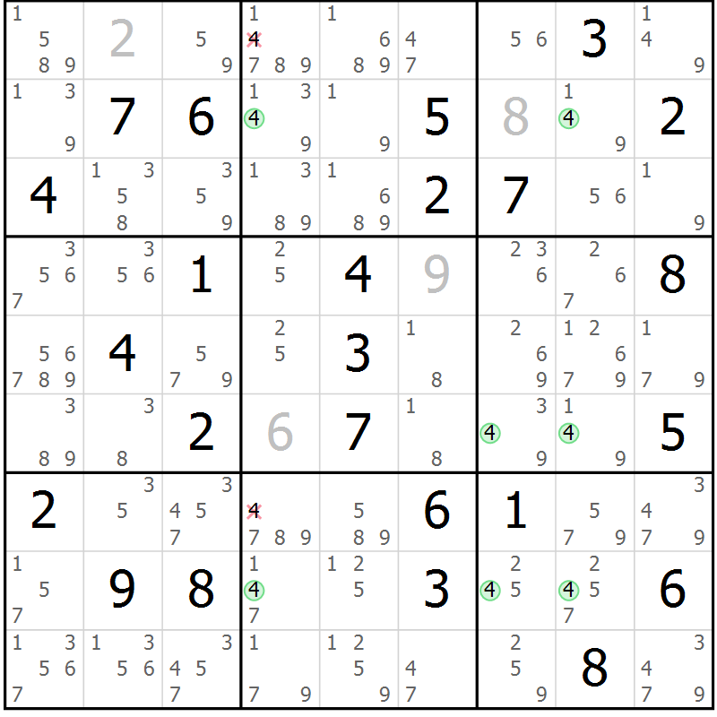 Position des candidats pour la solution de la Gr 77 page 80 du magazine de sudoku Suprême n° 028