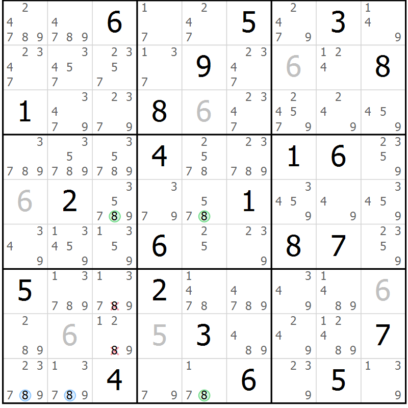 Position des candidats pour la solution de la Gr 8 page 11 du magazine de sudoku Suprême n° 028