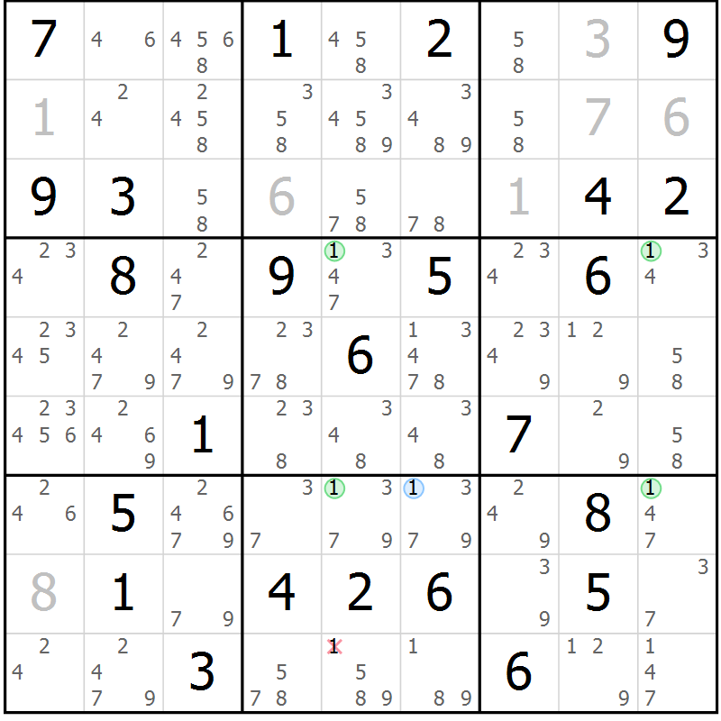 Position des candidats pour la solution de la Gr 84 page 87 du magazine de sudoku Suprême n° 028
