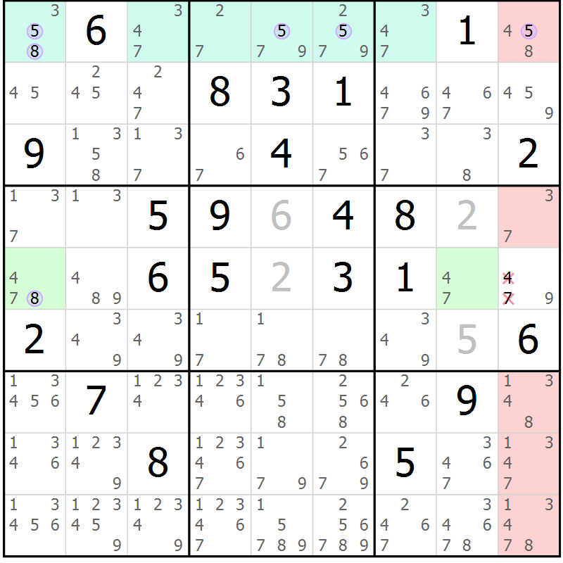 Position des candidats pour la solution de la Gr 9 page 12 du magazine de sudoku Suprême n° 028