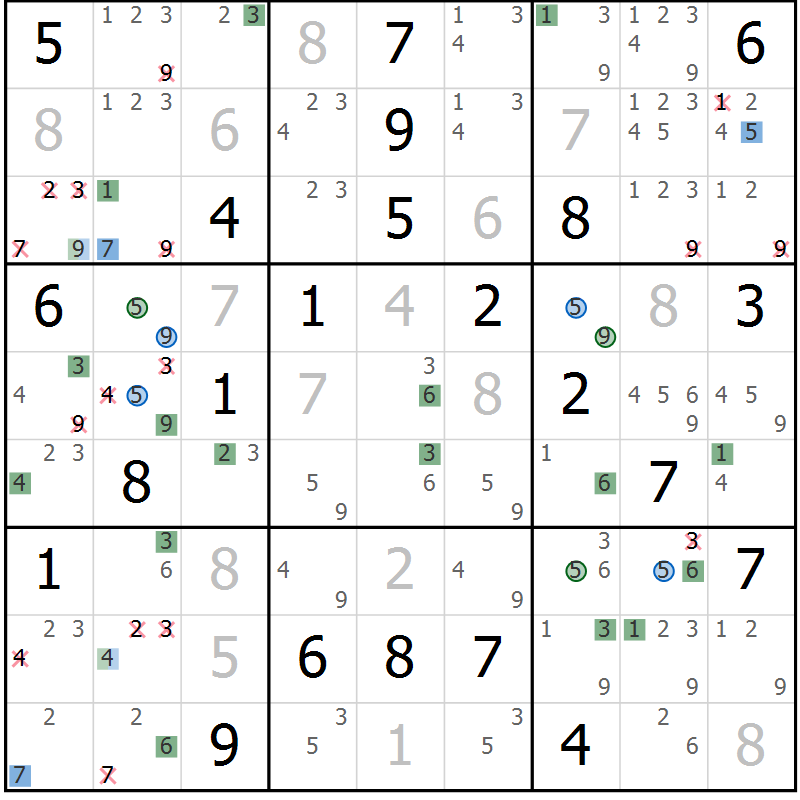 Position des candidats pour la solution de la Gr 1 page 4 du magazine de sudoku Suprême n° 029