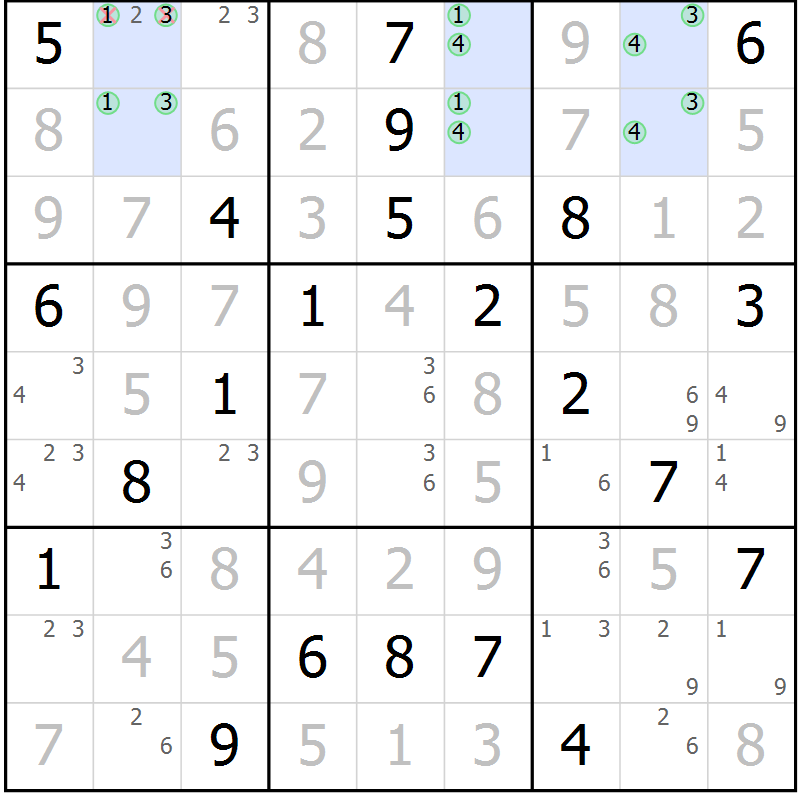 Position des candidats pour la solution de la Gr 1 page 4 du magazine de sudoku Suprême n° 029
