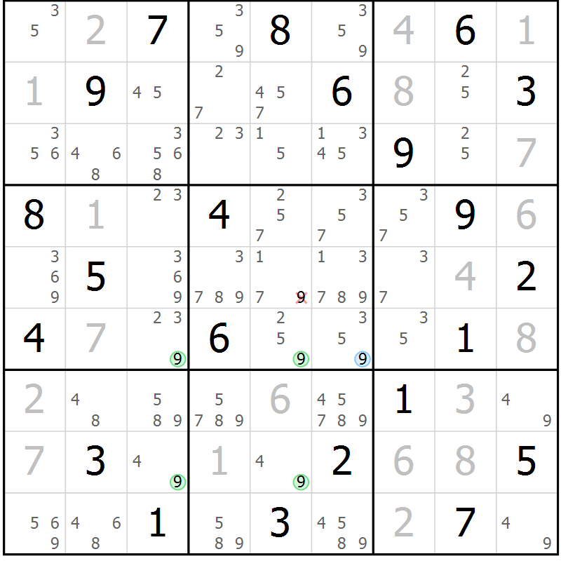 Position des candidats pour la solution de la Gr 10 page 13 du magazine de sudoku Suprême n° 029