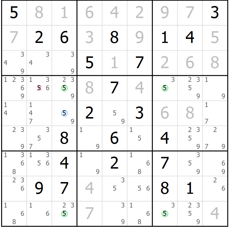 Position des candidats pour la solution de la Gr 15 page 18 du magazine de sudoku Suprême n° 029