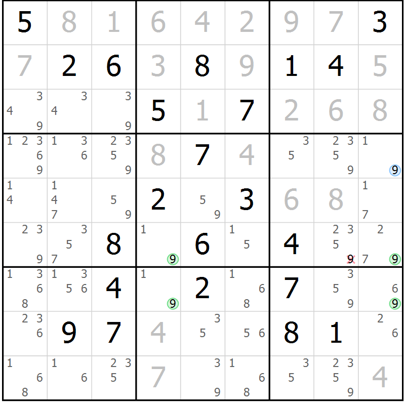 Position des candidats pour la solution de la Gr 15 page 18 du magazine de sudoku Suprême n° 029