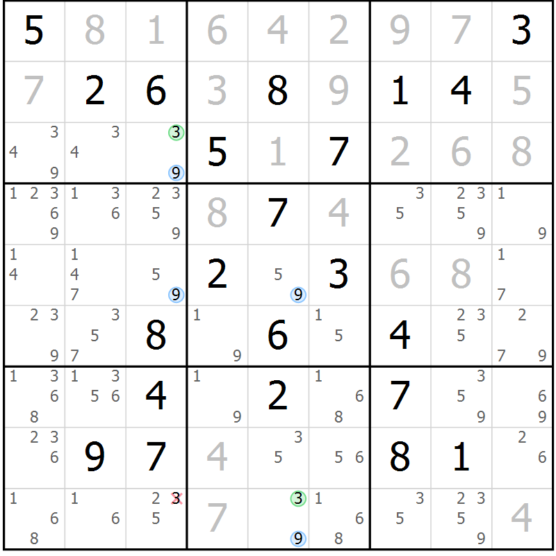 Position des candidats pour la solution de la Gr 15 page 18 du magazine de sudoku Suprême n° 029