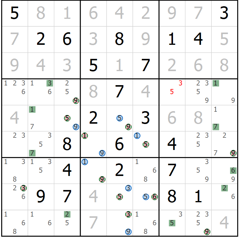 Position des candidats pour la solution de la Gr 15 page 18 du magazine de sudoku Suprême n° 029