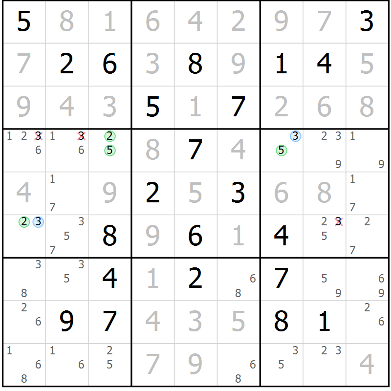 Position des candidats pour la solution de la Gr 15 page 18 du magazine de sudoku Suprême n° 029