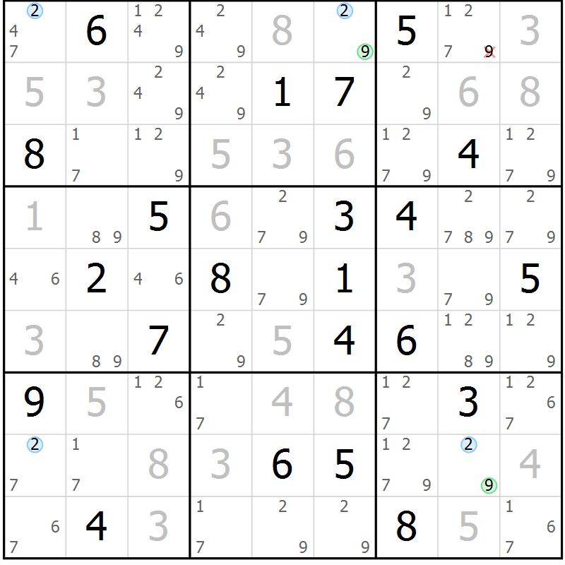 Position des candidats pour la solution de la Gr 16 page 19 du magazine de sudoku Suprême n° 029