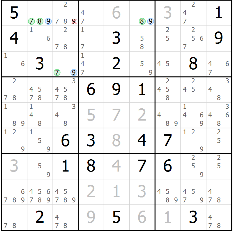 Position des candidats pour la solution de la Gr 17 page 20 du magazine de sudoku Suprême n° 029
