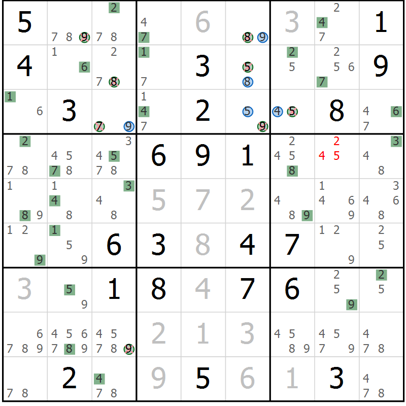 Position des candidats pour la solution de la Gr 17 page 20 du magazine de sudoku Suprême n° 029