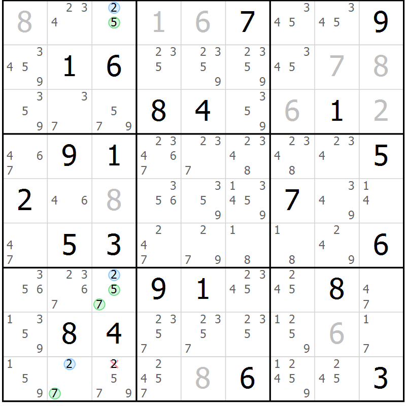 Position des candidats pour la solution de la Gr 18 page 21 du magazine de sudoku Suprême n° 029
