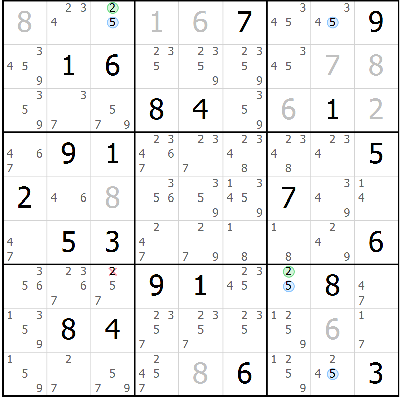 Position des candidats pour la solution de la Gr 18 page 21 du magazine de sudoku Suprême n° 029