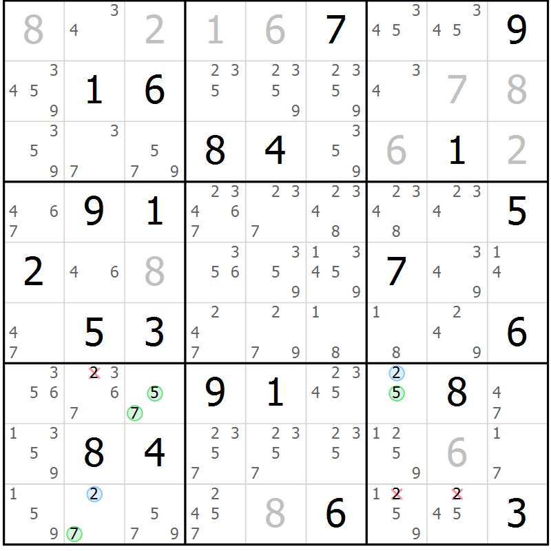 Position des candidats pour la solution de la Gr 18 page 21 du magazine de sudoku Suprême n° 029