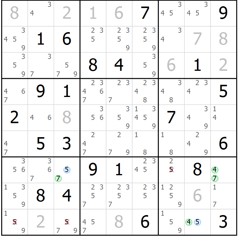 Position des candidats pour la solution de la Gr 18 page 21 du magazine de sudoku Suprême n° 029