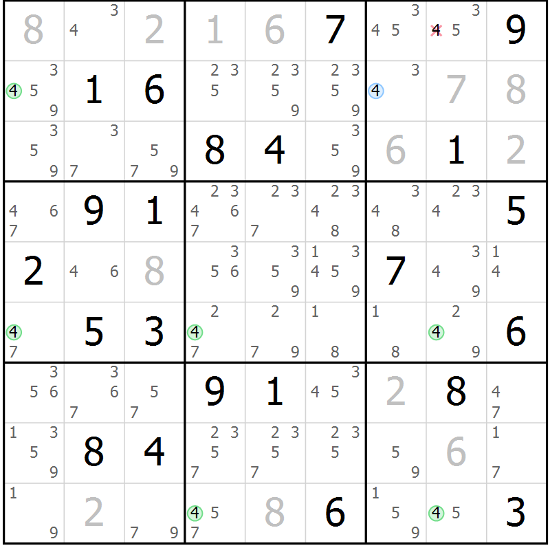 Position des candidats pour la solution de la Gr 18 page 21 du magazine de sudoku Suprême n° 029