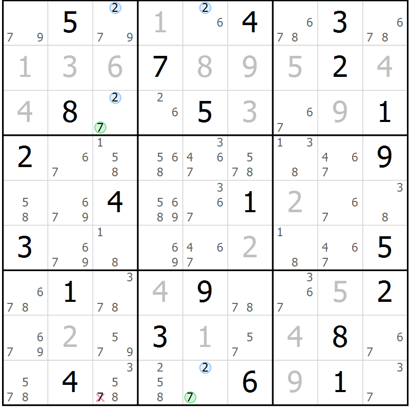 Position des candidats pour la solution de la Gr 19 page 22 du magazine de sudoku Suprême n° 029