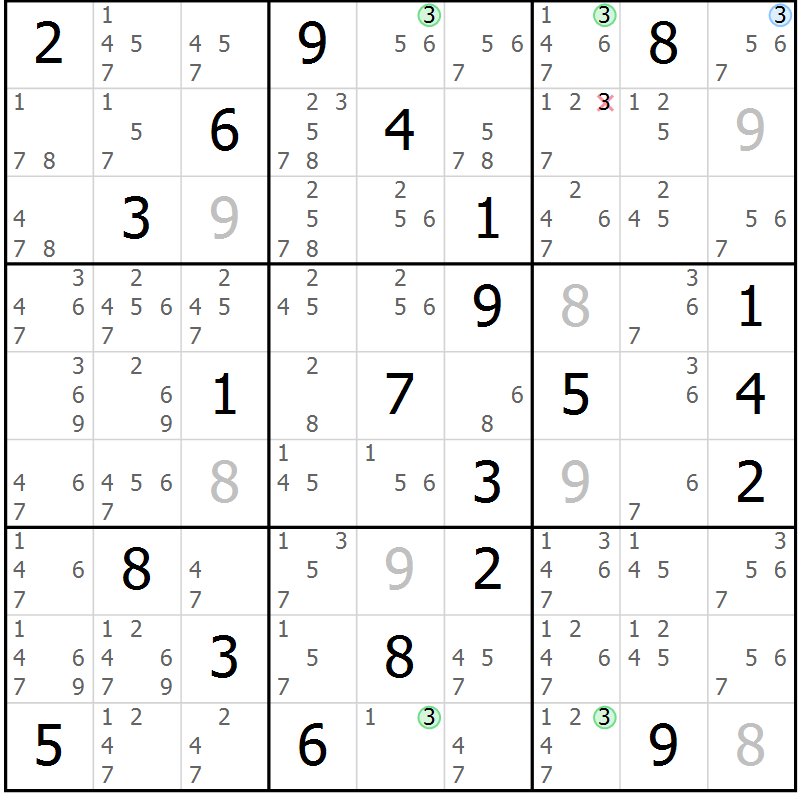 Position des candidats pour la solution de la Gr 20 page 23 du magazine de sudoku Suprême n° 029