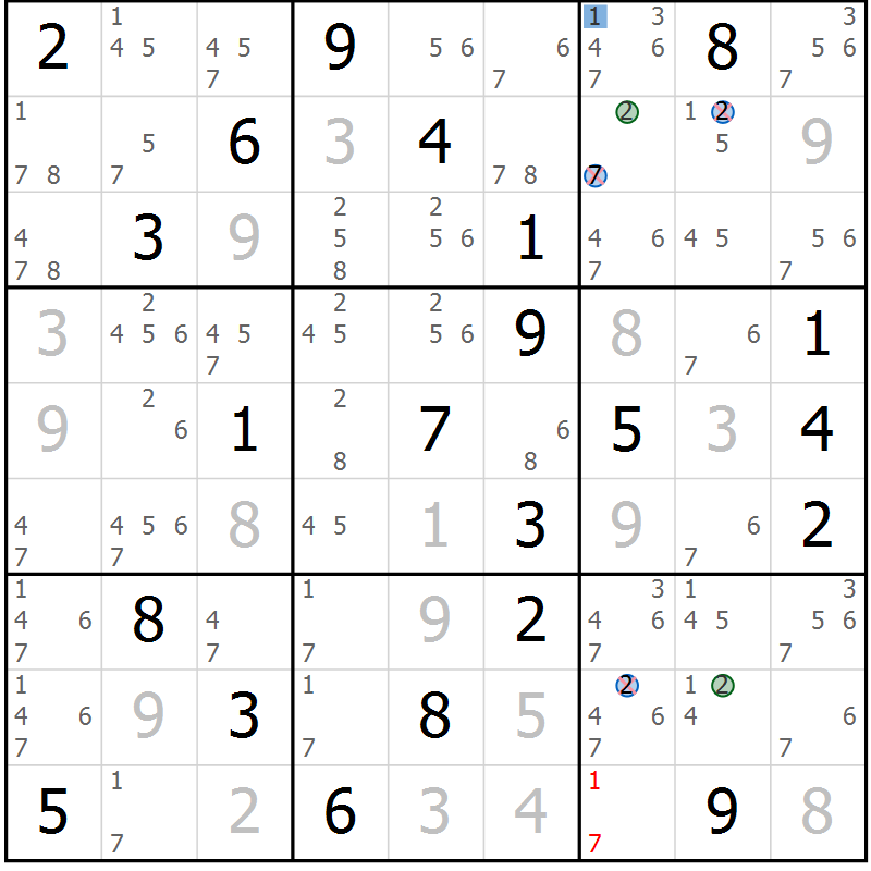 Position des candidats pour la solution de la Gr 20 page 23 du magazine de sudoku Suprême n° 029