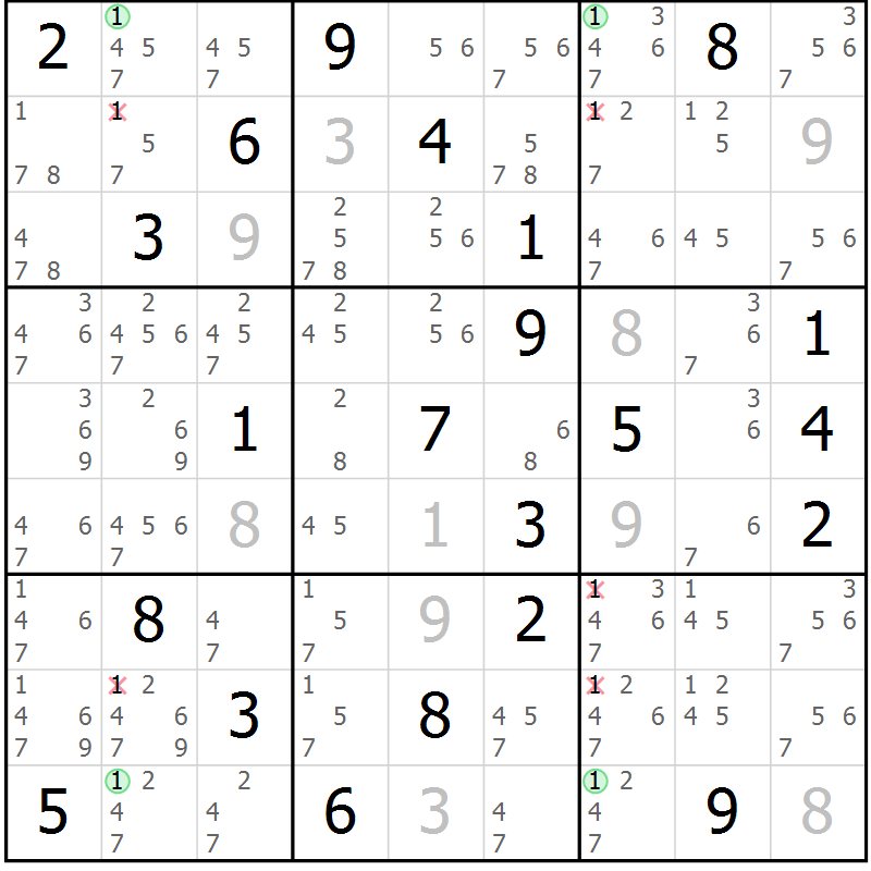 Position des candidats pour la solution de la Gr 20 page 23 du magazine de sudoku Suprême n° 029