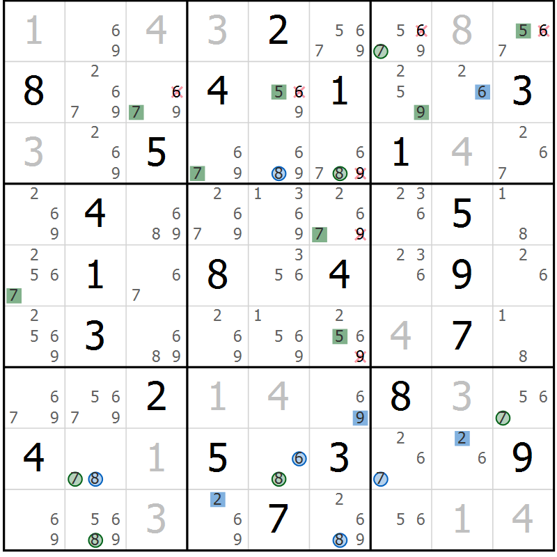 Position des candidats pour la solution de la Gr 21 page 24 du magazine de sudoku Suprême n° 029
