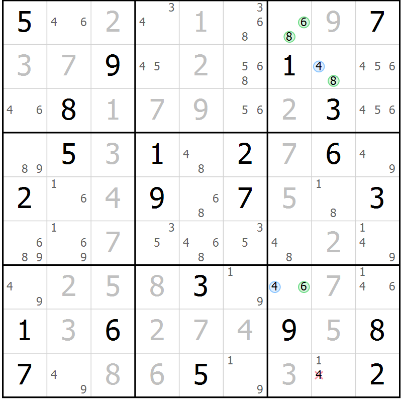 Position des candidats pour la solution de la Gr 22 page 25 du magazine de sudoku Suprême n° 029