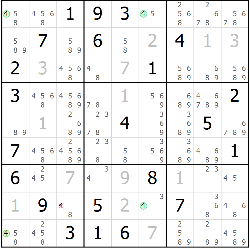 Position des candidats pour la solution de la Gr 23 page 26 du magazine de sudoku Suprême n° 029