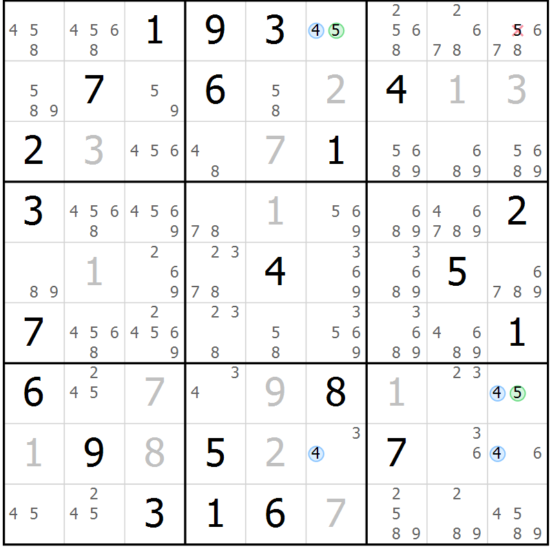 Position des candidats pour la solution de la Gr 23 page 26 du magazine de sudoku Suprême n° 029