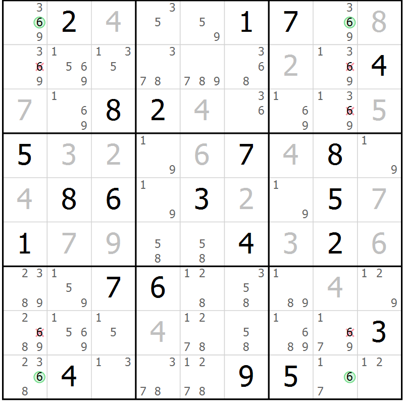 Position des candidats pour la solution de la Gr 24 page 27 du magazine de sudoku Suprême n° 029