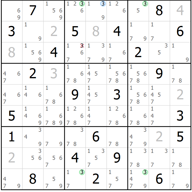 Position des candidats pour la solution de la Gr 25 page 28 du magazine de sudoku Suprême n° 029