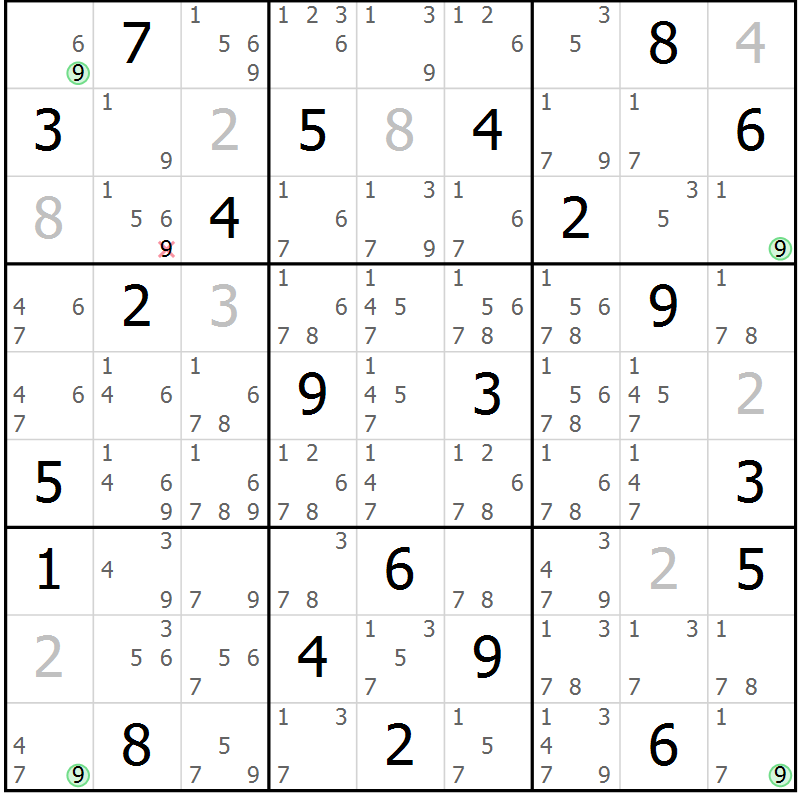 Position des candidats pour la solution de la Gr 25 page 28 du magazine de sudoku Suprême n° 029