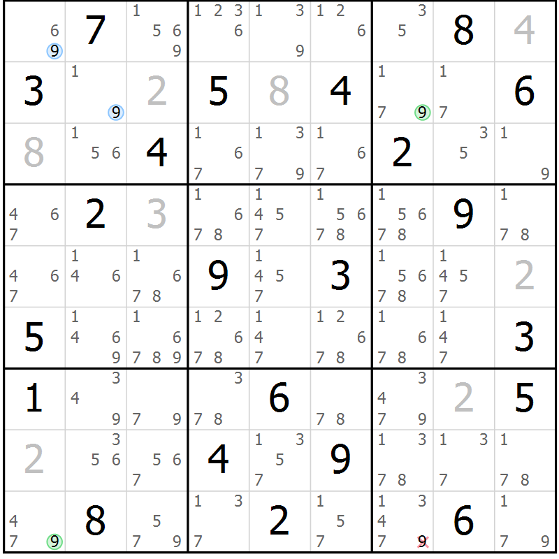 Position des candidats pour la solution de la Gr 25 page 28 du magazine de sudoku Suprême n° 029