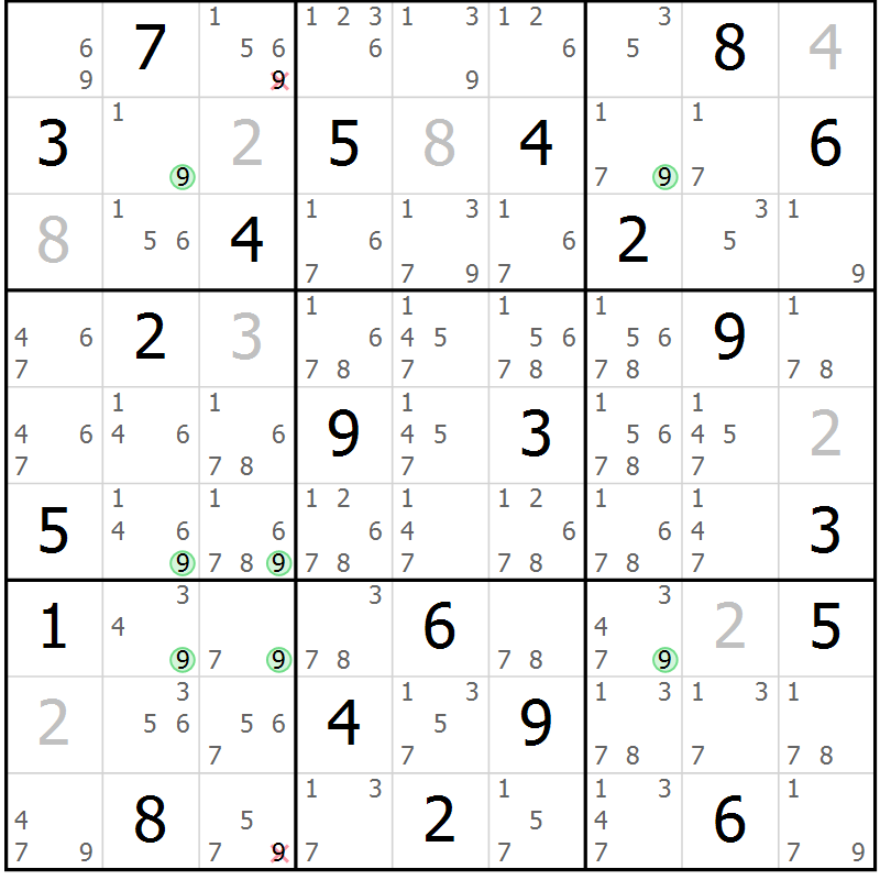 Position des candidats pour la solution de la Gr 25 page 28 du magazine de sudoku Suprême n° 029