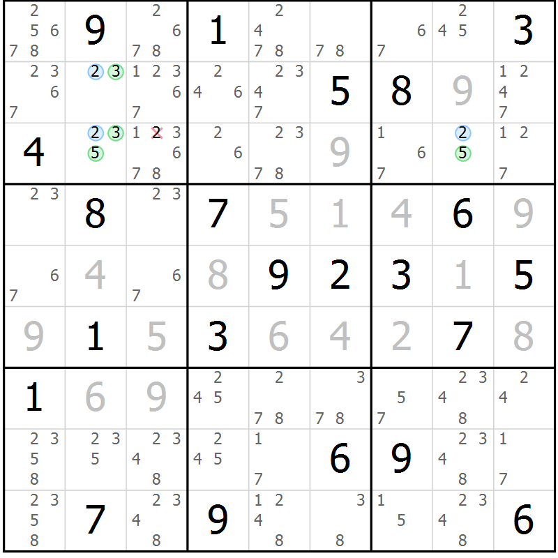 Position des candidats pour la solution de la Gr 26 page 29 du magazine de sudoku Suprême n° 029