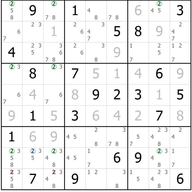 Position des candidats pour la solution de la Gr 26 page 29 du magazine de sudoku Suprême n° 029
