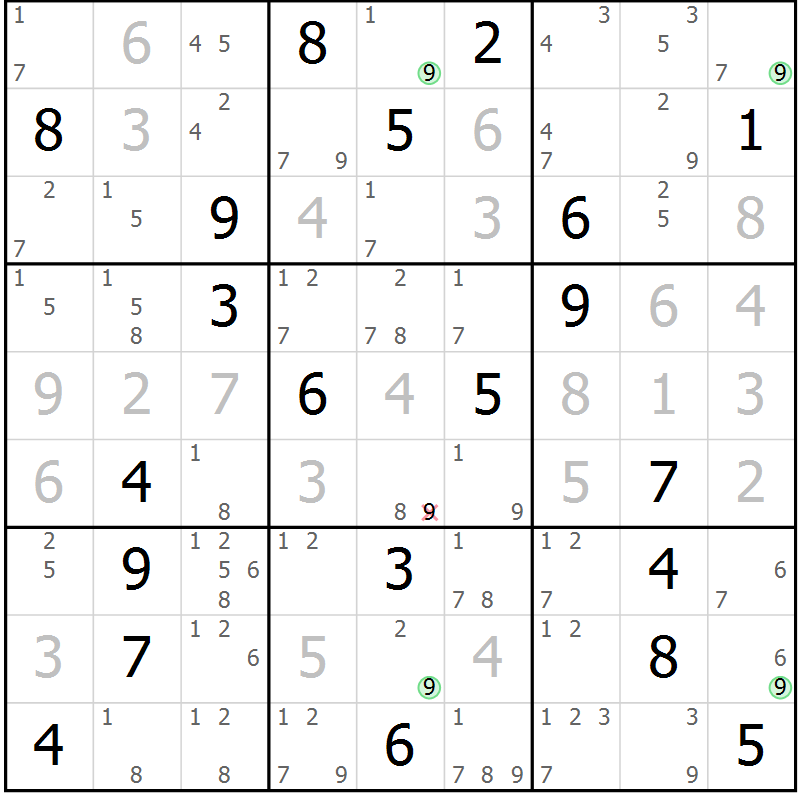 Position des candidats pour la solution de la Gr 28 page 31 du magazine de sudoku Suprême n° 029
