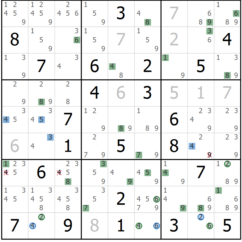 Position des candidats pour la solution de la Gr 3 page 6 du magazine de sudoku Suprême n° 029