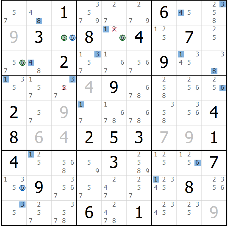 Position des candidats pour la solution de la Gr 33 page 36 du magazine de sudoku Suprême n° 029
