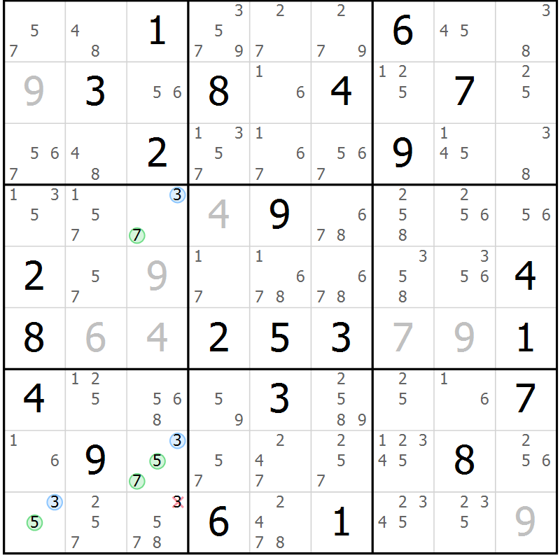 Position des candidats pour la solution de la Gr 33 page 36 du magazine de sudoku Suprême n° 029
