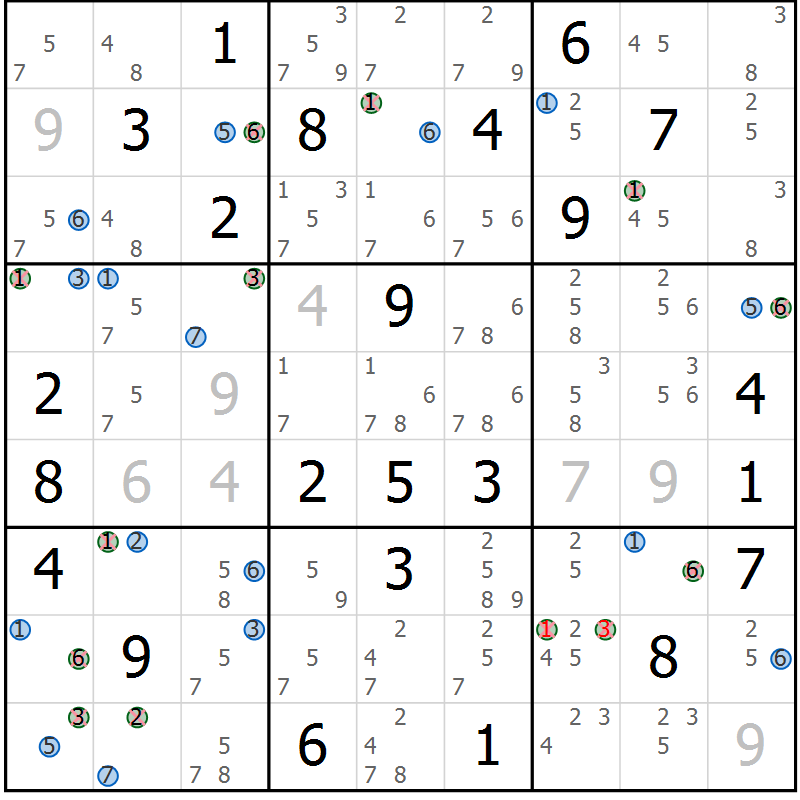 Position des candidats pour la solution de la Gr 33 page 36 du magazine de sudoku Suprême n° 029