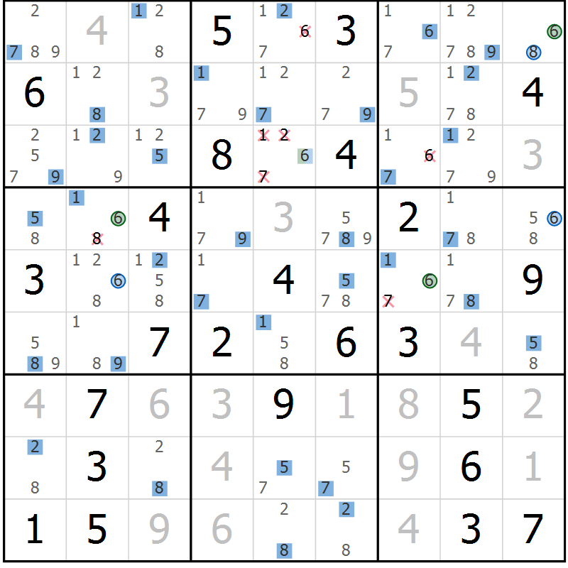 Position des candidats pour la solution de la Gr 34 page 37 du magazine de sudoku Suprême n° 029
