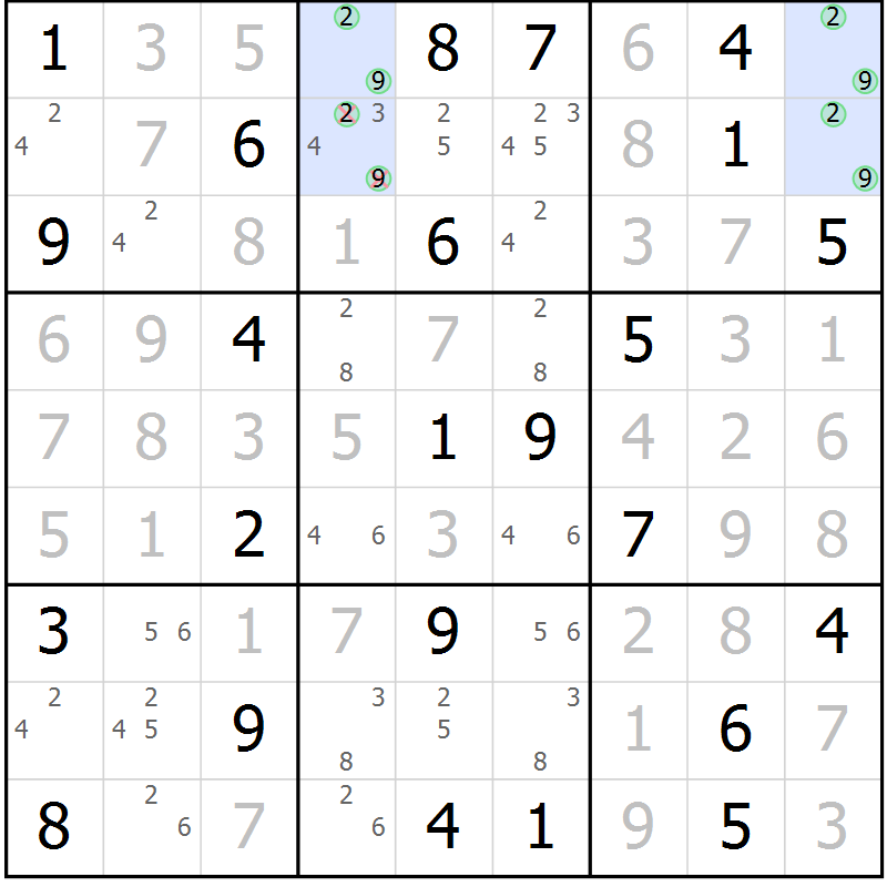 Position des candidats pour la solution de la Gr 38 page 41 du magazine de sudoku Suprême n° 029