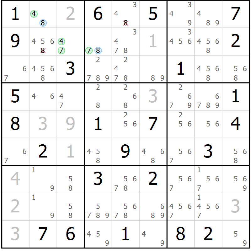 Position des candidats pour la solution de la Gr 39 page 42 du magazine de sudoku Suprême n° 029