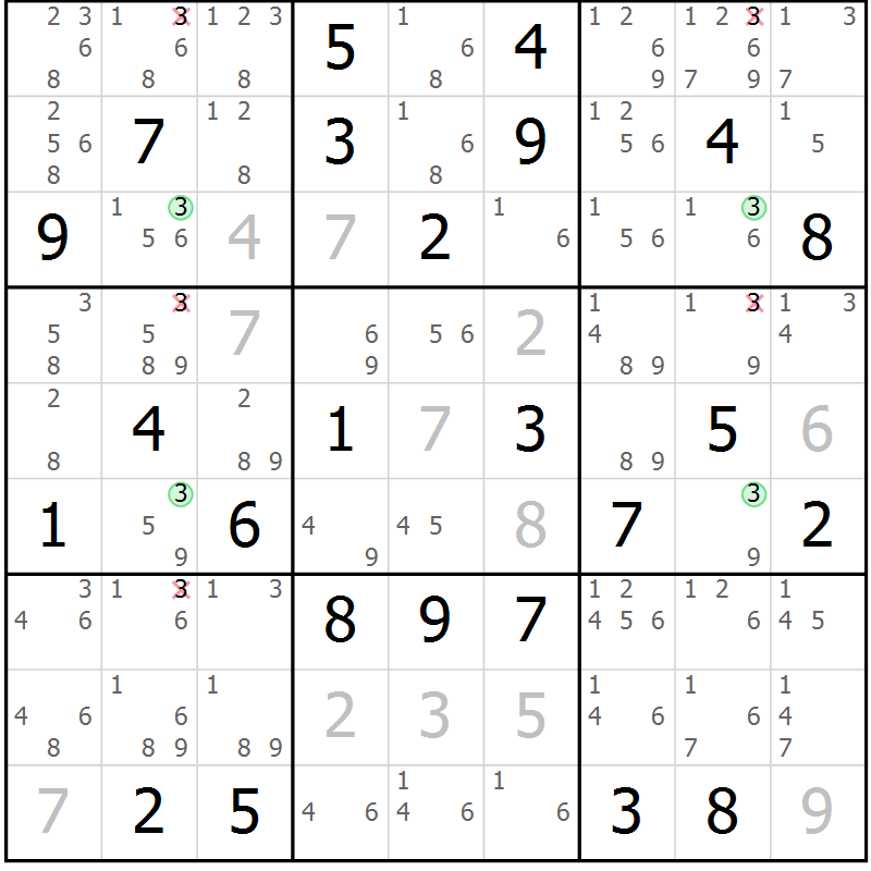 Position des candidats pour la solution de la Gr 40 page 43 du magazine de sudoku Suprême n° 029