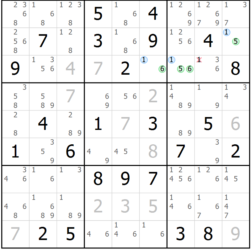 Position des candidats pour la solution de la Gr 40 page 43 du magazine de sudoku Suprême n° 029