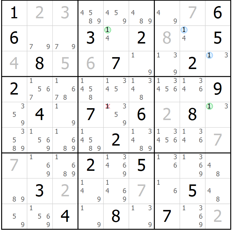 Position des candidats pour la solution de la Gr 42 page 45 du magazine de sudoku Suprême n° 029