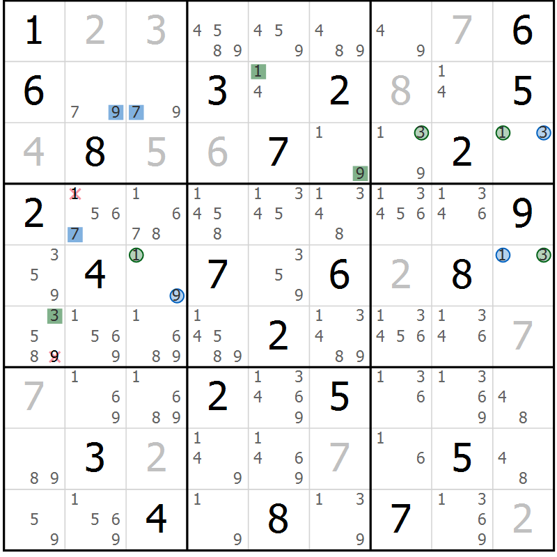 Position des candidats pour la solution de la Gr 42 page 45 du magazine de sudoku Suprême n° 029
