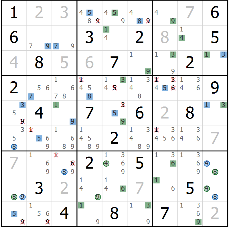 Position des candidats pour la solution de la Gr 42 page 45 du magazine de sudoku Suprême n° 029