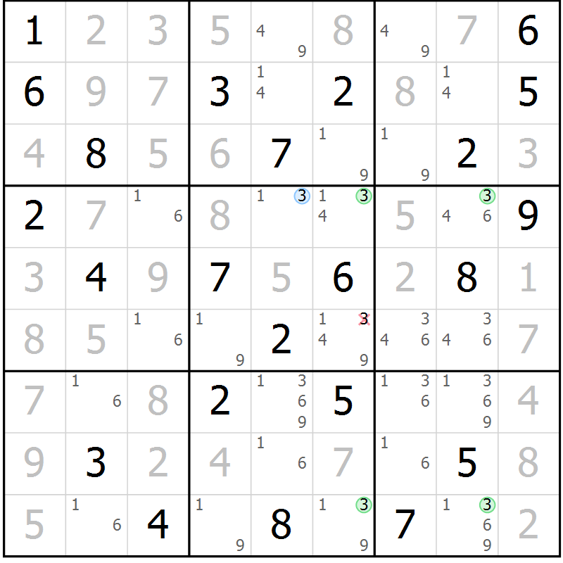 Position des candidats pour la solution de la Gr 42 page 45 du magazine de sudoku Suprême n° 029