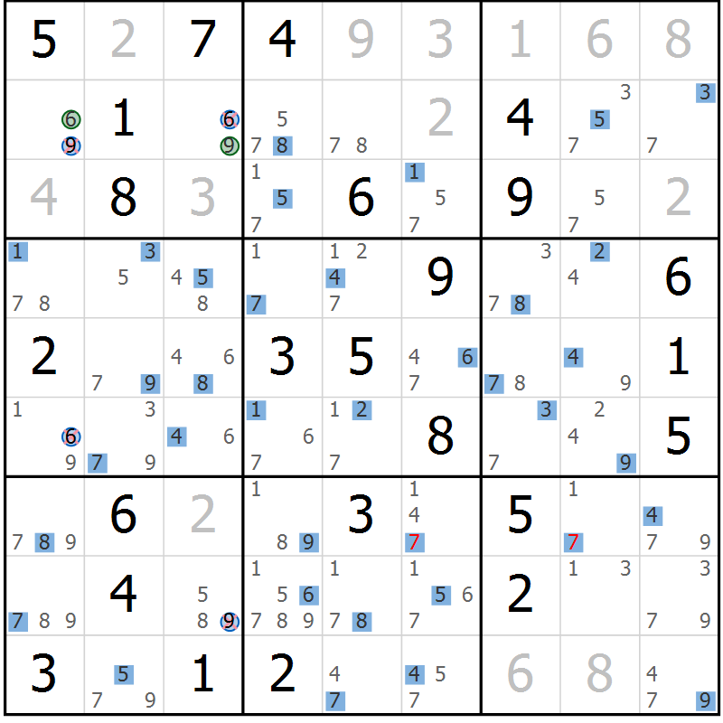 Position des candidats pour la solution de la Gr 43 page 46 du magazine de sudoku Suprême n° 029